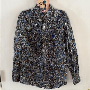 Cinch blue brown paisley floral print long sleeve button down western shirt Sz S